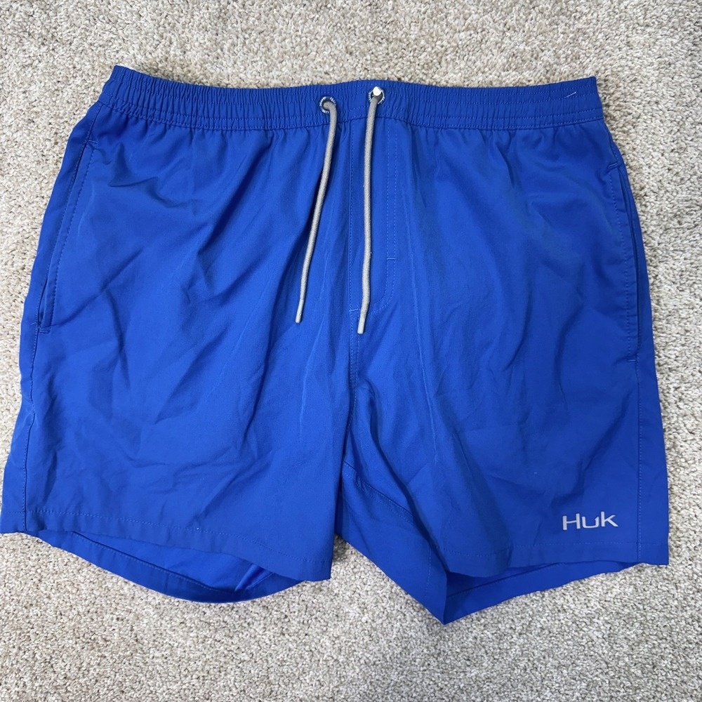 Huk Swim Trunks Mens L Performance Fishing Blue Mesh Liner Pockets EUC